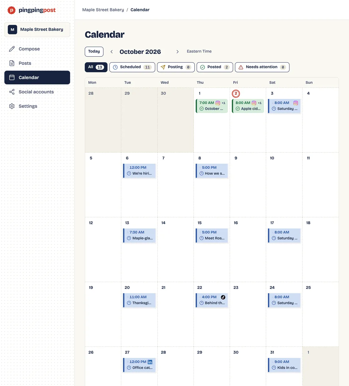 The PingPingPost calendar with a month of social media posts, ready to post.