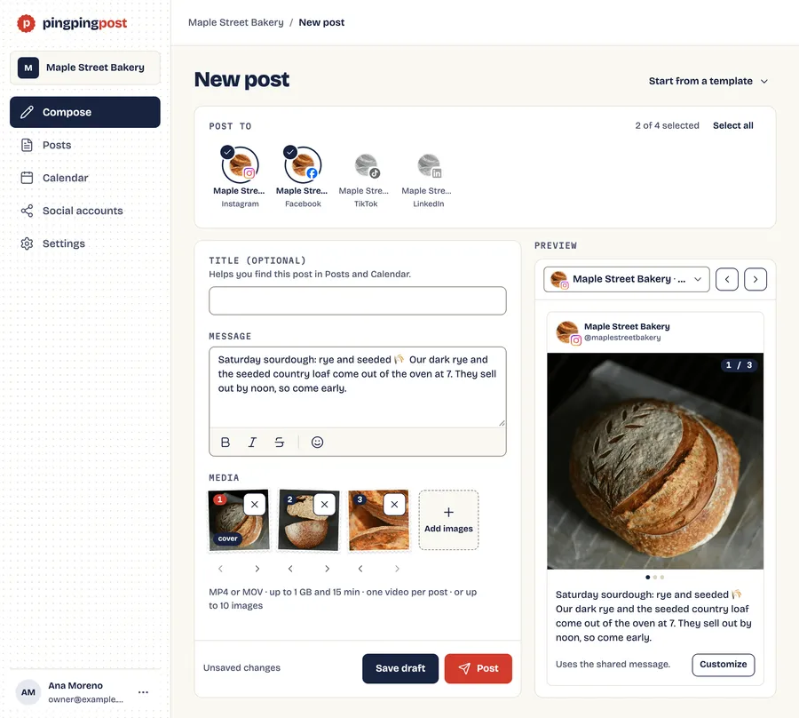 The PingPingPost post editor with a message, three photos, and an Instagram preview.