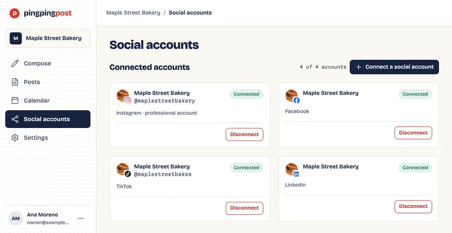The PingPingPost Social accounts page with connected Instagram, Facebook, TikTok, and LinkedIn social accounts.